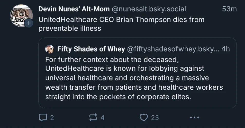 A screenshot of a social media thread shows a post stating 'UnitedHealthcare CEO Brian Thompson dies from preventable…
