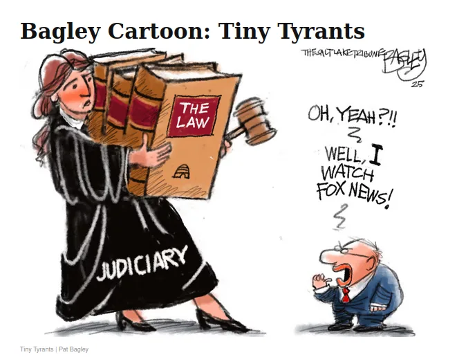 A cartoon depicts a large, imposing figure labeled 'JUDICIARY' carrying massive law books and a gavel, towering over a…