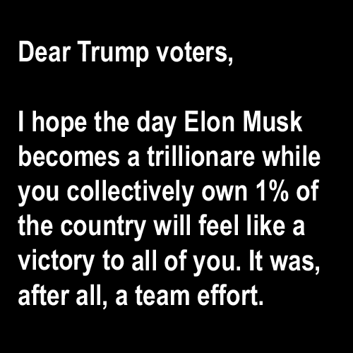 A black background with white text that reads: 'Dear Trump voters, I hope the day Elon Musk becomes a trillionare while you…
