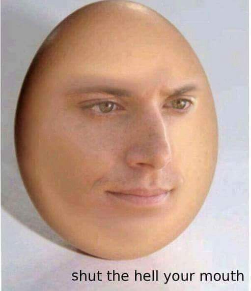 A close-up image of a bald man's face, cropped to resemble an egg shape, with a smug or dismissive expression. The text…
