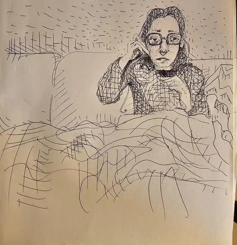 A black-and-white sketch depicts a person with glasses sitting up in bed, covered by a blanket, holding a phone to their…