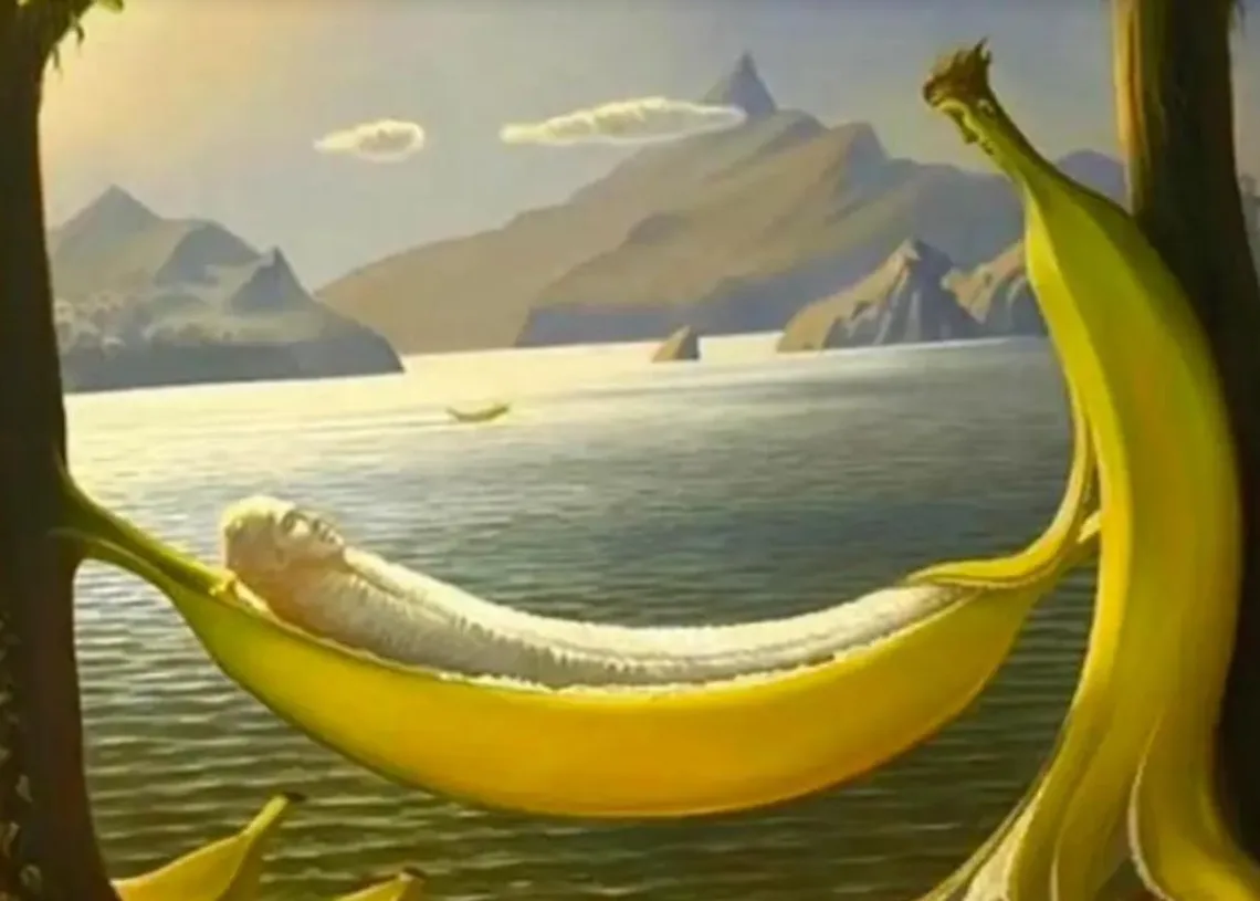 A surreal painting depicts a peeled banana acting as a hammock, suspended between two tree trunks over water, with a serene…