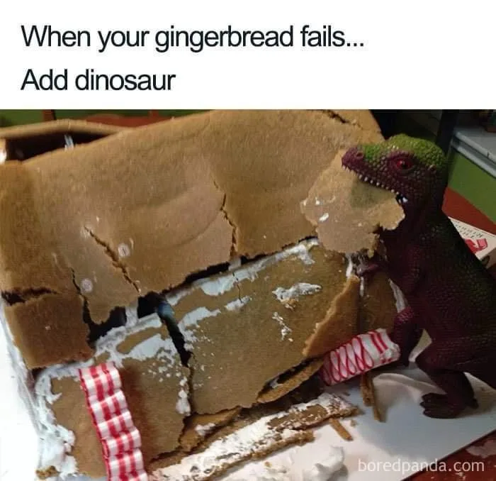 A broken, crumbling gingerbread house with white icing and red-and-white checkered ribbon is shown, with a small green and…