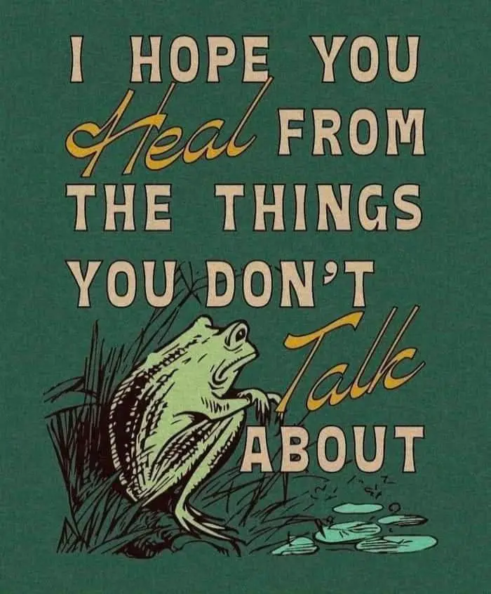 A vintage-style green poster features a cartoon frog sitting in reeds beside lily pads. The text reads 'I HOPE YOU Heal FROM…