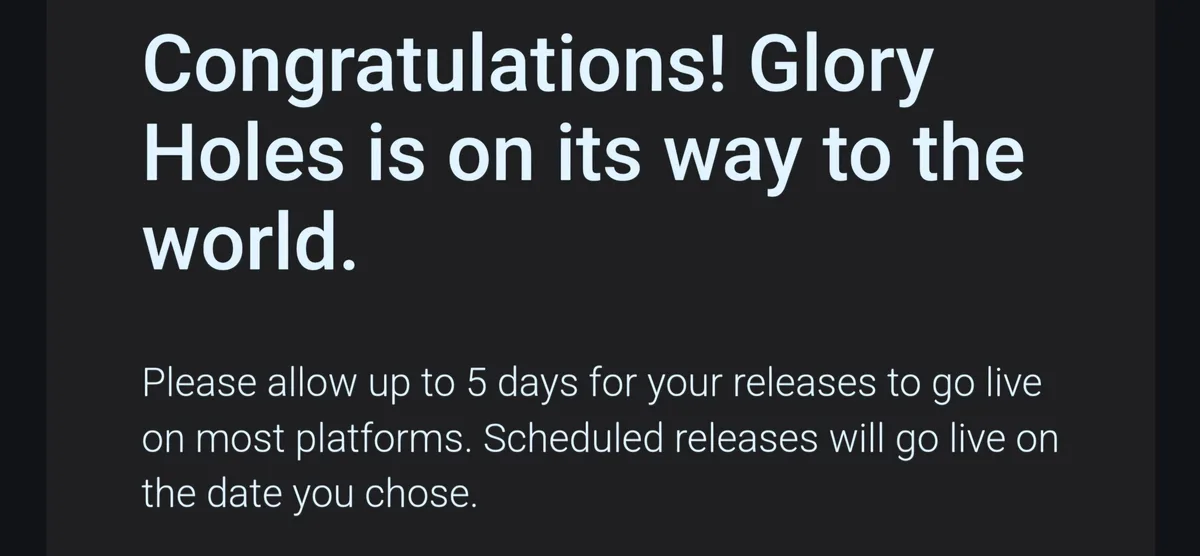 The image displays a dark gray background with white text mimicking a software or content release confirmation message. The…