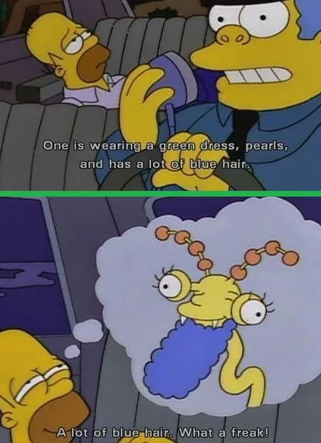 The image is a two-panel meme from The Simpsons. In the top panel, Homer Simpson is driving and describing a woman he sees…