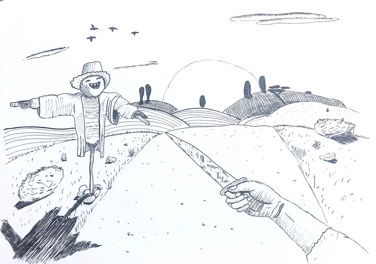 A black-and-white line drawing shows a smiling scarecrow standing in a field with rolling hills and birds in the sky. From…