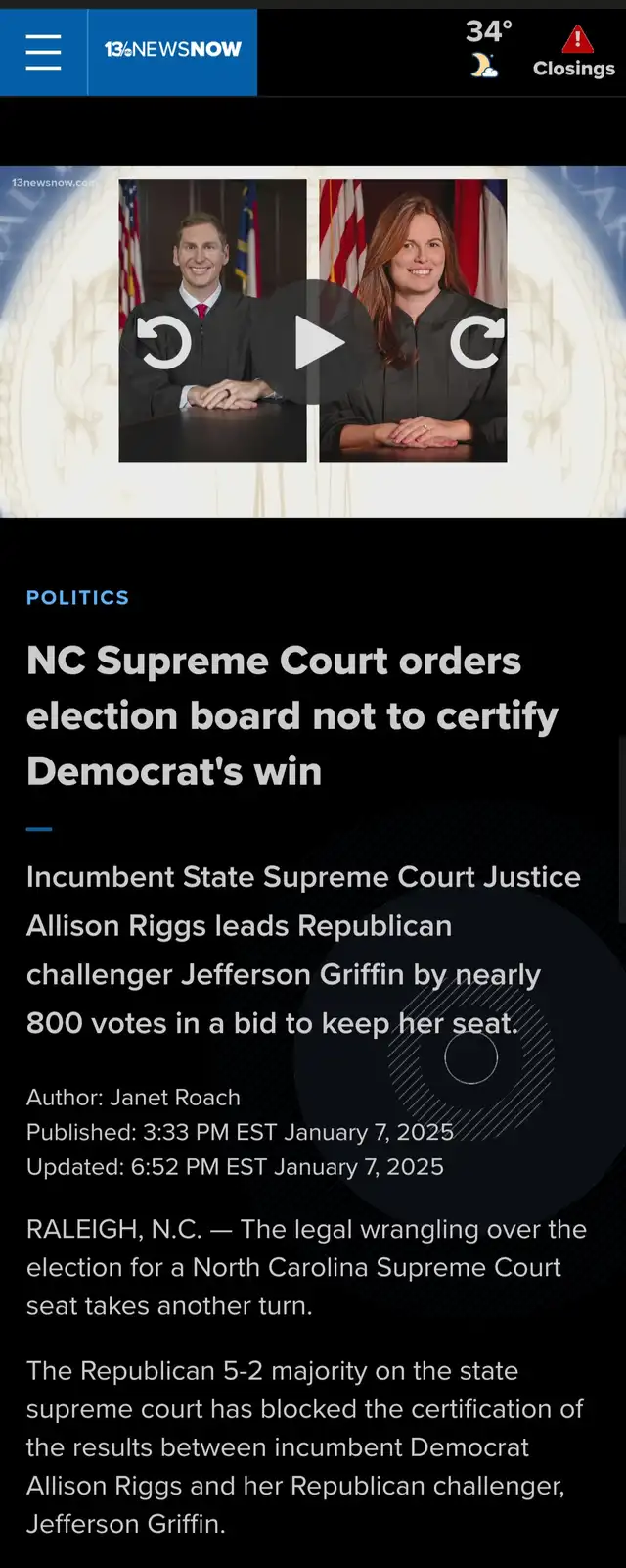 A screenshot of a 13newsnow.com news article about a North Carolina Supreme Court ruling blocking certification of an…