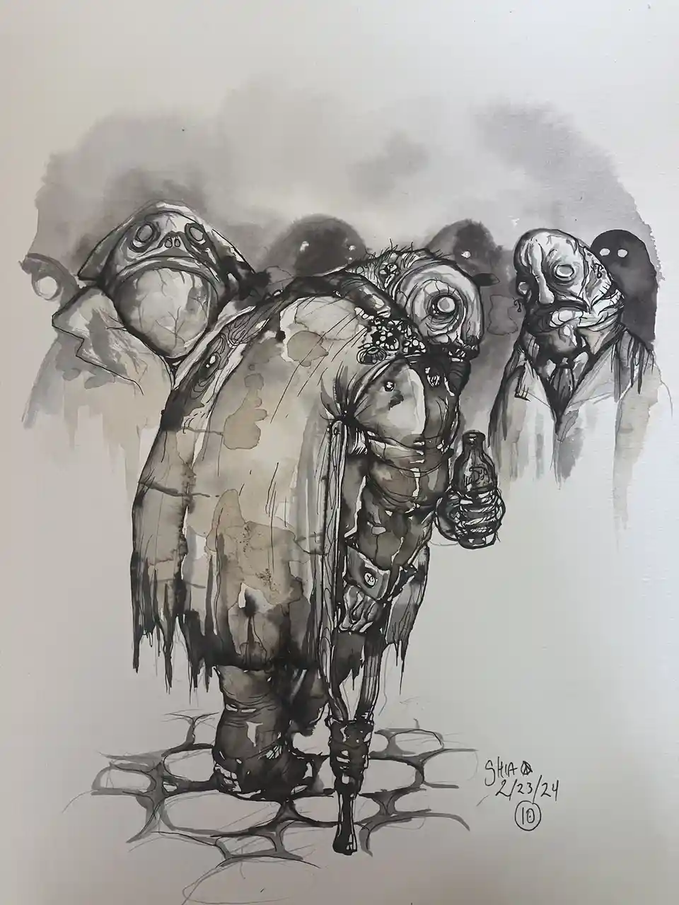 A black-and-white ink and watercolor illustration depicts a grotesque, muscular humanoid figure with multiple distorted…