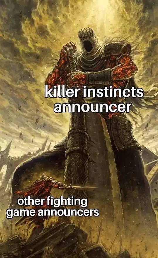 A towering, armored, faceless warrior with glowing red arms stands over a smaller, similarly armored figure holding a sword…