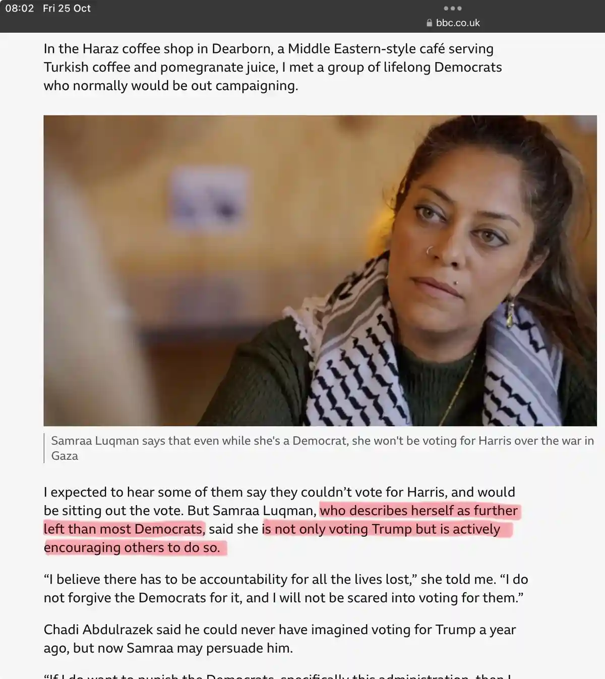 A screenshot from a BBC article shows a woman wearing a black-and-white keffiyeh scarf, looking off to the side with a…