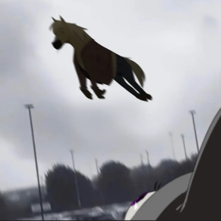 A cartoon horse wearing a brown jacket and blue pants is mid-air, seemingly leaping or falling over a blurry outdoor scene…
