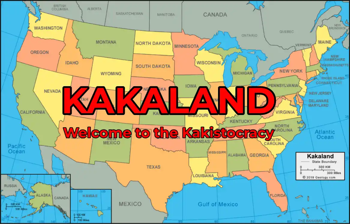 A map of the United States with the word 'KAKALAND' in large red letters overlaid across the center, and 'Welcome to the…
