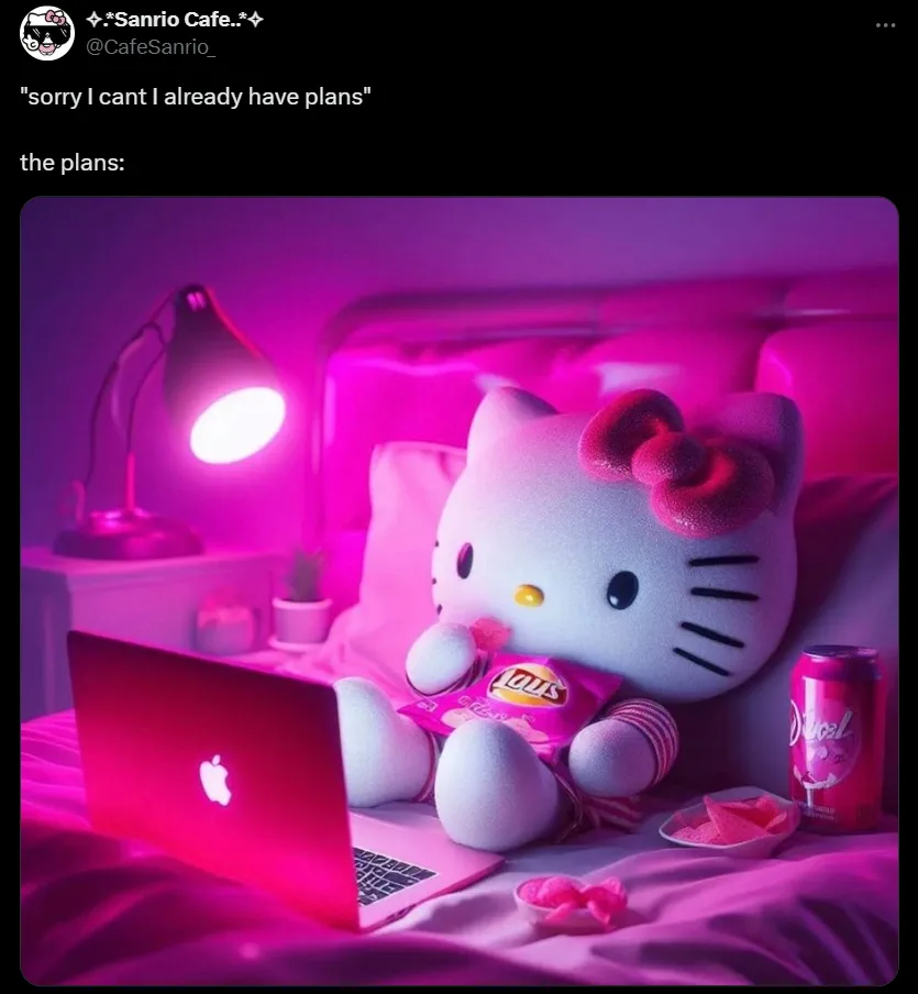 A large Hello Kitty plush toy is sitting on a bed in a pink-lit room, using a laptop, eating a bag of Lay's chips, and next…