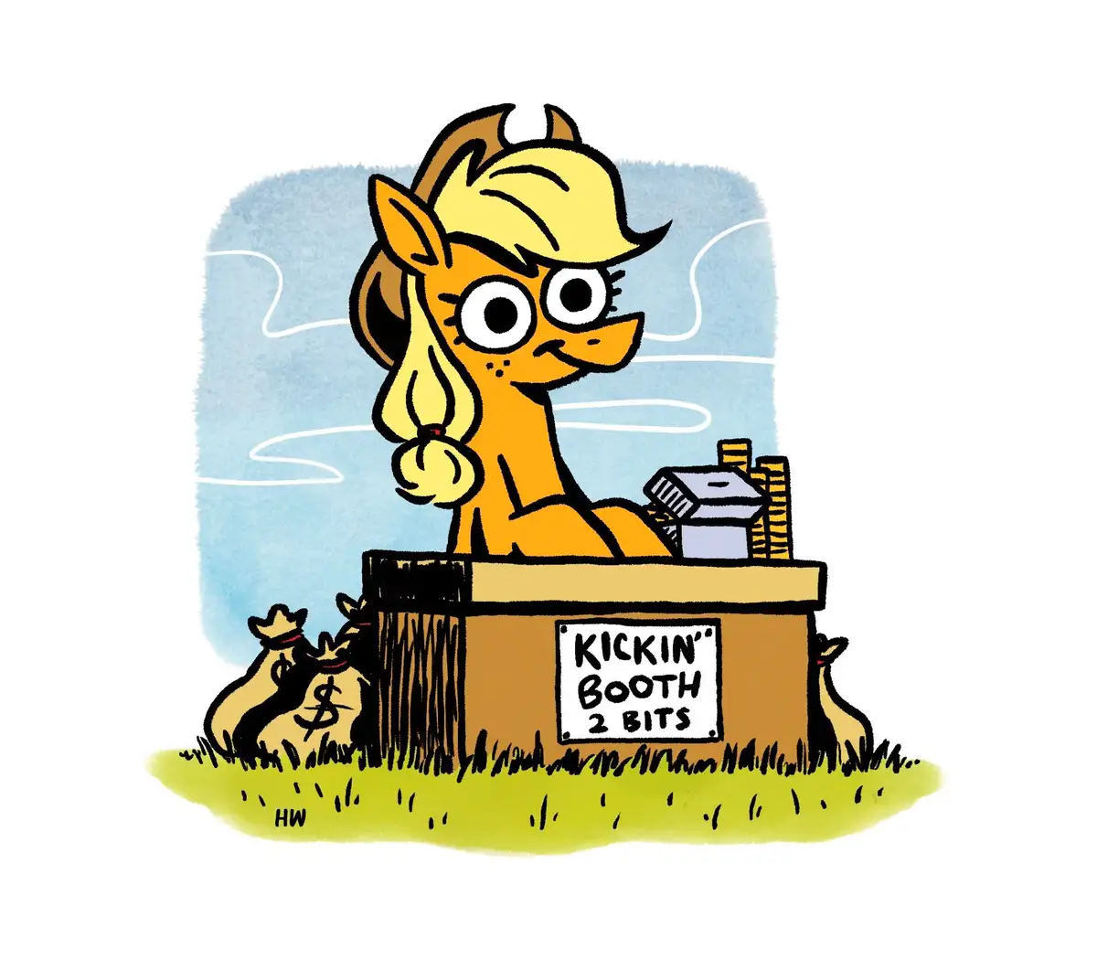 A cartoon orange pony with blonde hair tied in a ponytail sits behind a wooden booth labeled 'KICKIN' BOOTH 2 BITS', with…