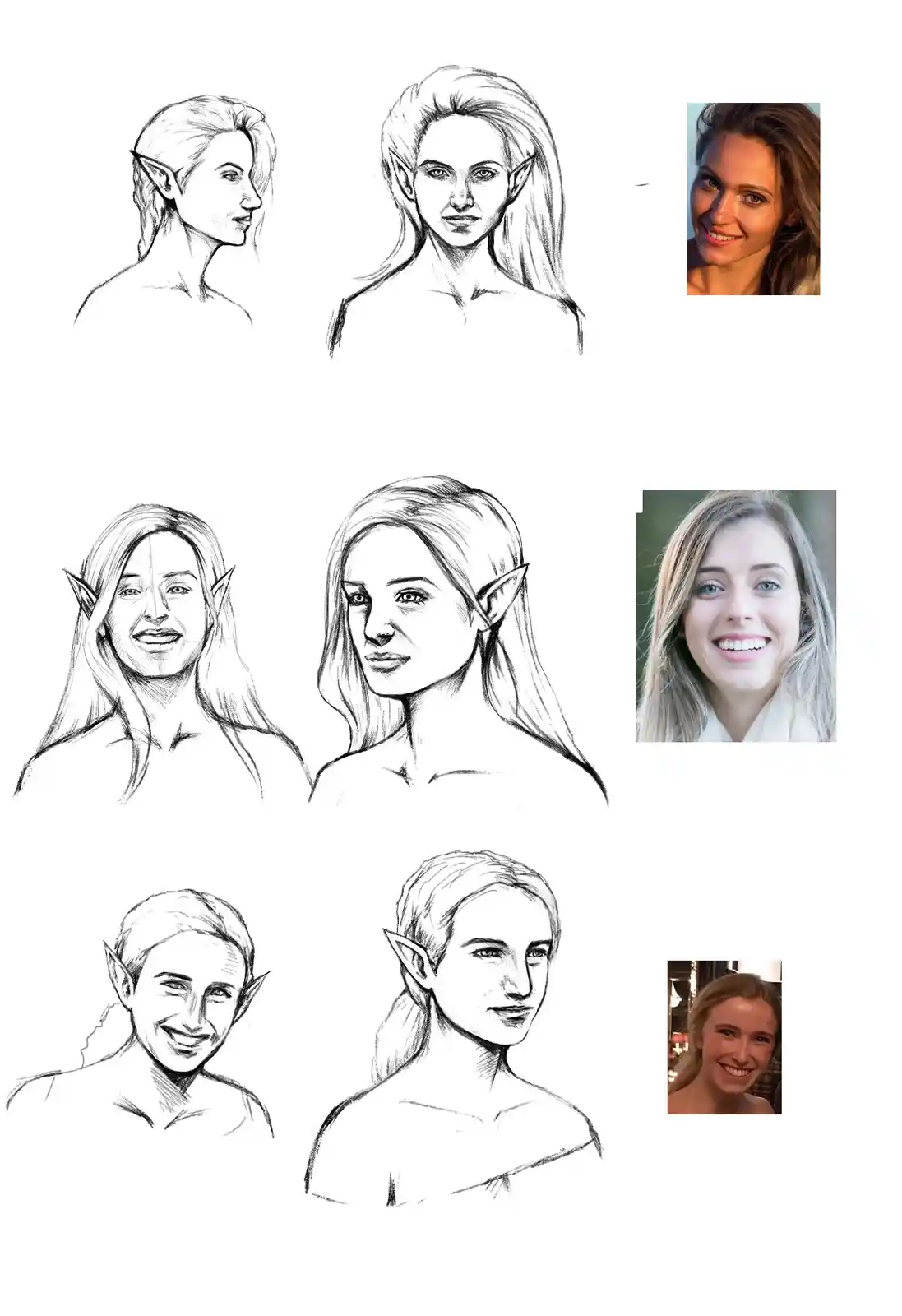 The image displays three rows of sketches showing the artistic process of drawing elf-like characters with pointed ears…