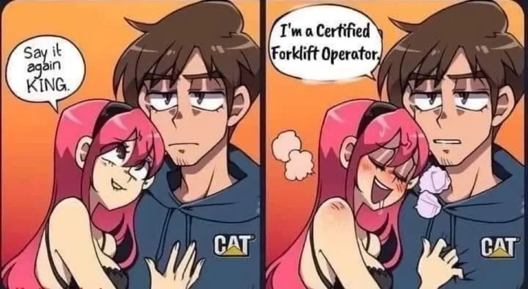 Two-panel anime-style comic featuring a pink-haired woman and a man in a CAT-branded hoodie. In the first panel, she leans…