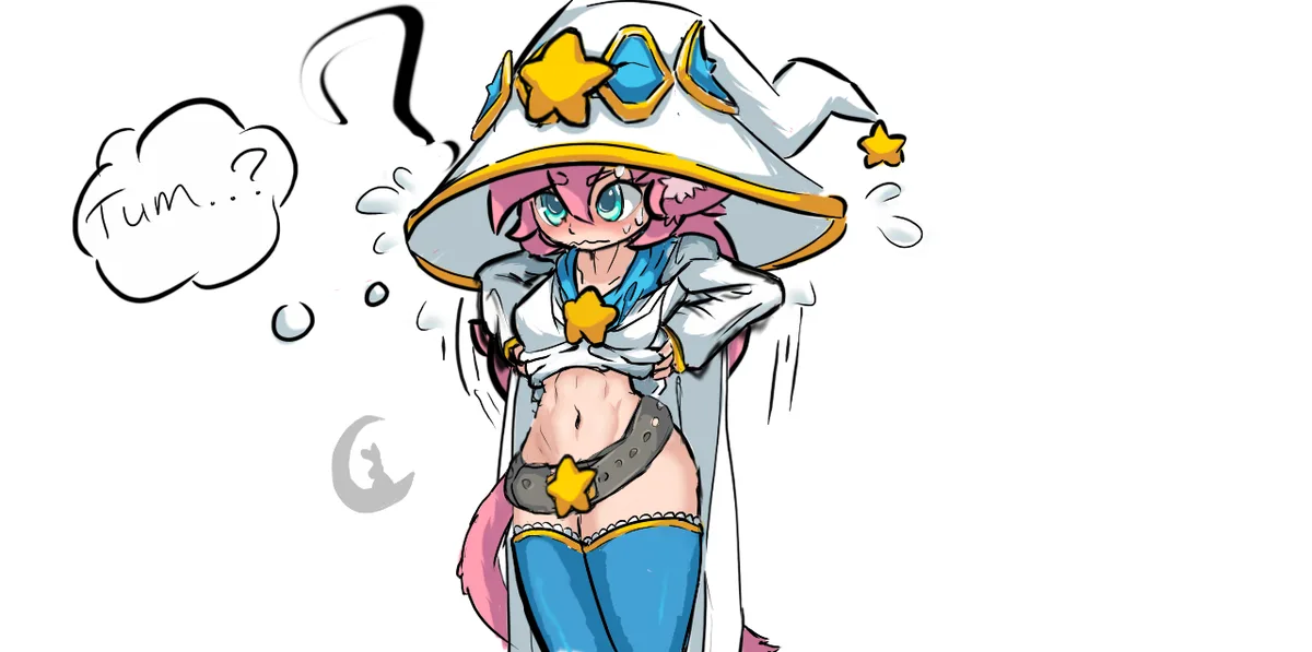 A pink-haired anime-style girl in a white wizard hat with stars and a blue outfit is shown with a confused expression, her…