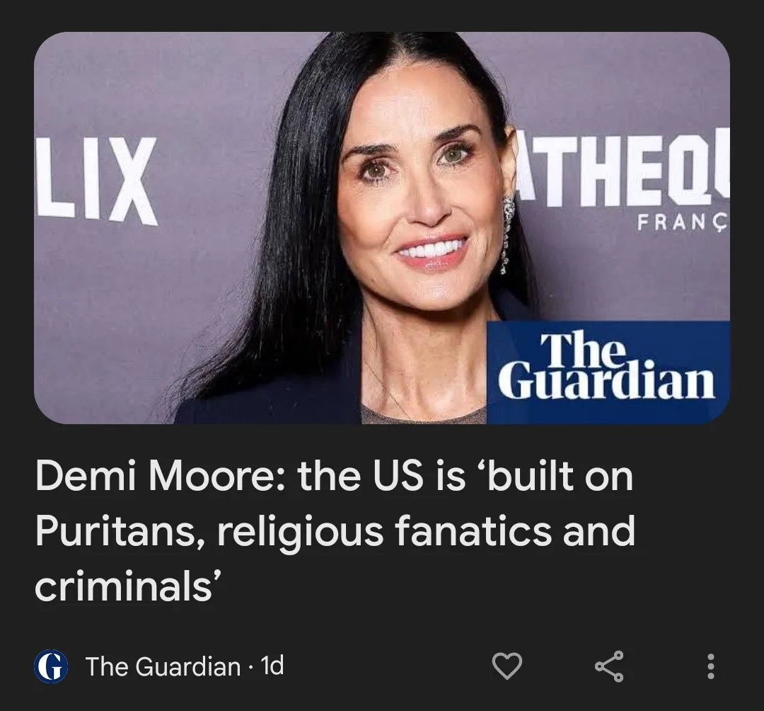 A screenshot of a The Guardian article headline featuring actress Demi Moore smiling at a press event, with the text overlay…