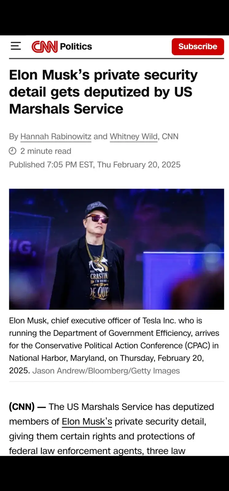 A screenshot of a CNN Politics article from February 20, 2025, featuring a photo of Elon Musk wearing a cap and sunglasses…