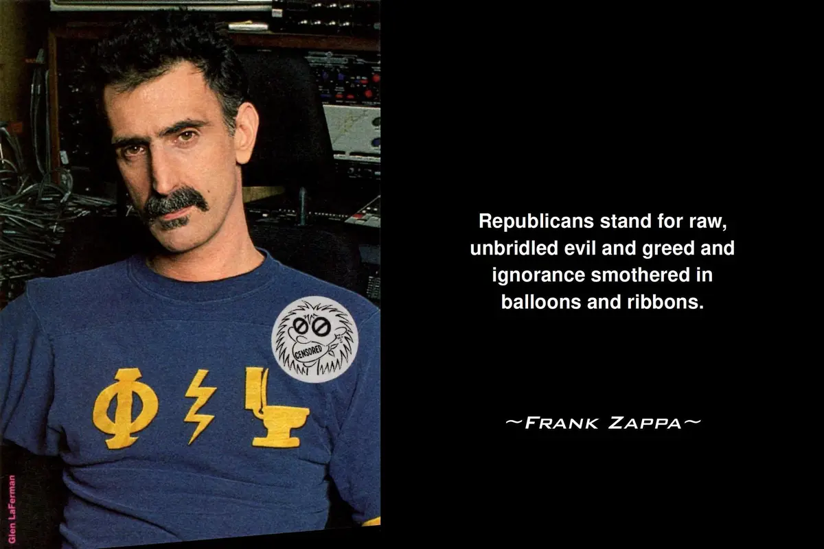 A photo of Frank Zappa wearing a blue t-shirt with yellow symbols and a 'CENSORED' patch, overlaid with a quote attributed…