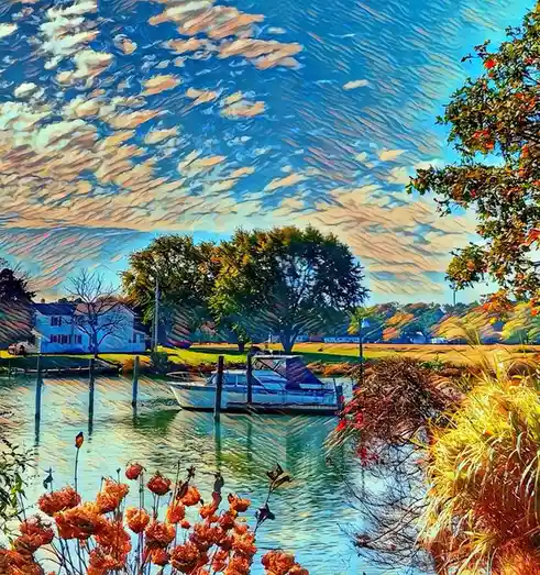 A vibrant, painterly landscape shows a boat docked in a calm waterway surrounded by autumn foliage, houses, and trees under…