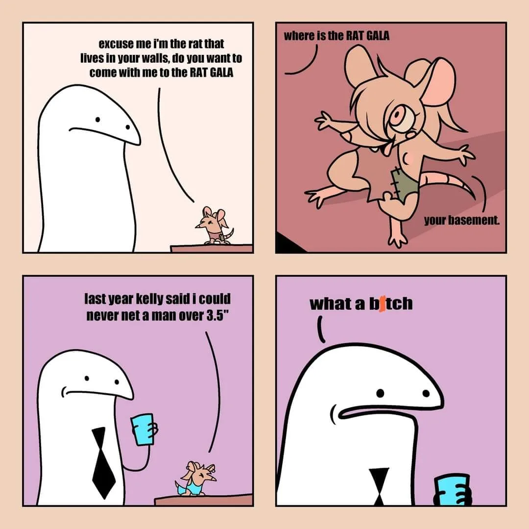 A four-panel comic shows a small mouse inviting a large, white, humanoid figure to a 'RAT GALA' in the basement. The mouse…