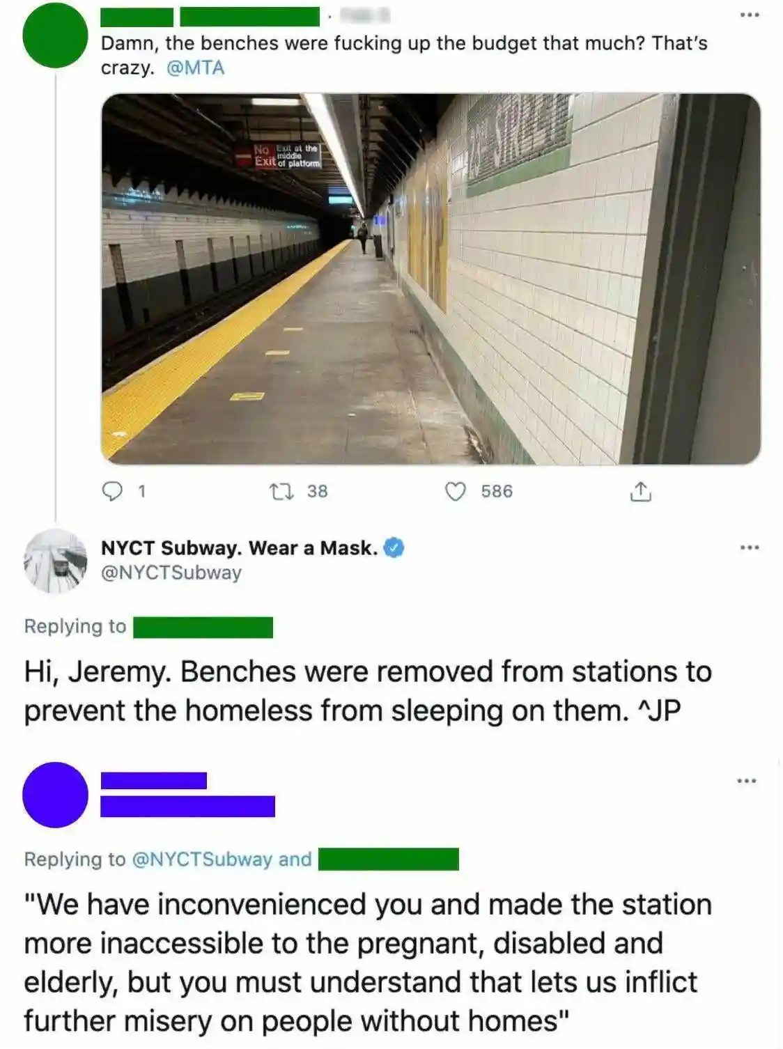 A screenshot of a Twitter thread shows a user complaining about subway benches being removed, to which the official NYCT…