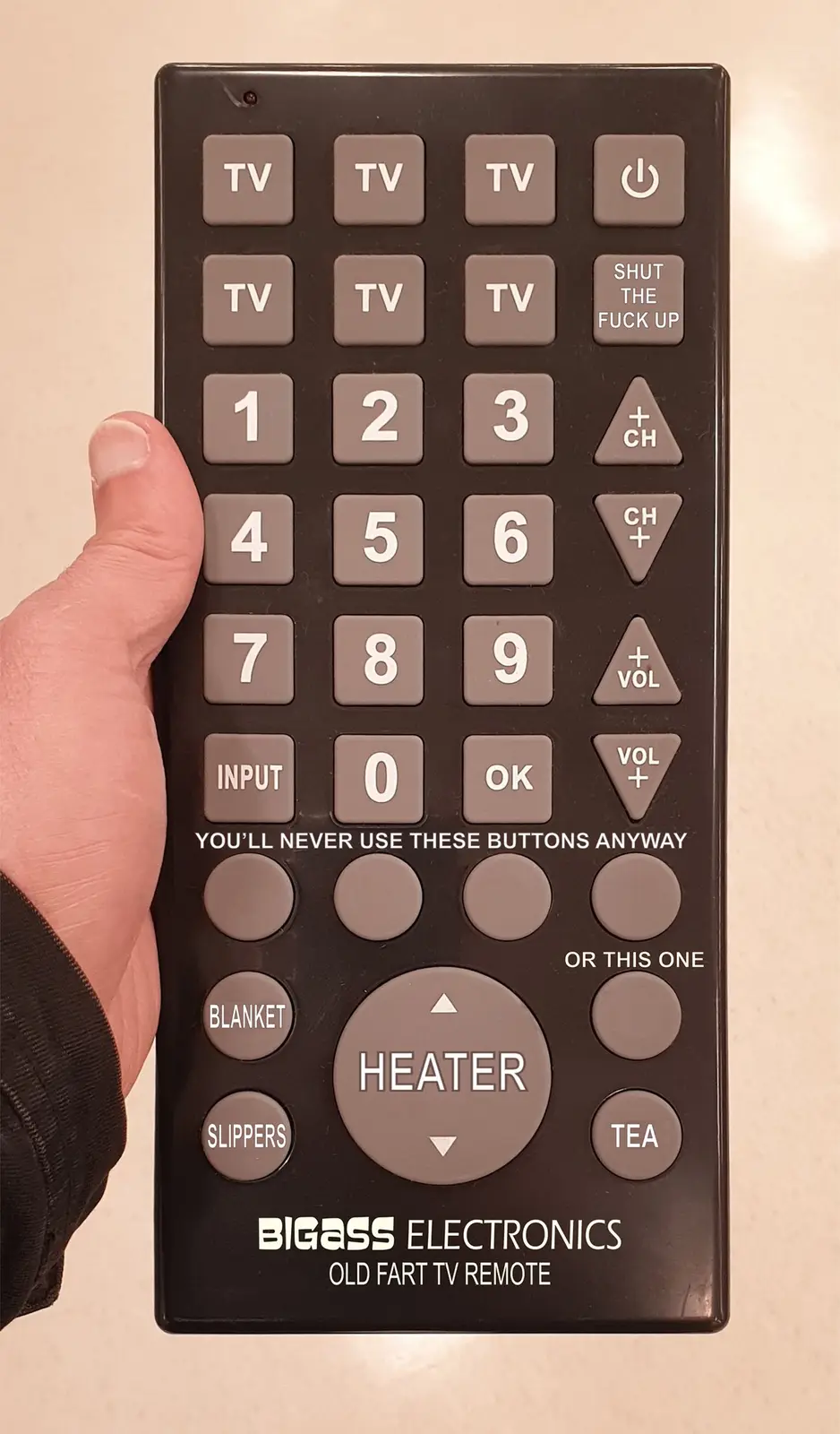 A hand holds a black TV remote branded 'BIGgass ELECTRONICS OLD FART TV REMOTE'. The remote has standard TV buttons, but…