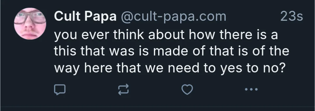 A screenshot of a tweet from 'Cult Papa @cult-papa.com' posted 23 seconds ago, showing a circular profile picture of a…