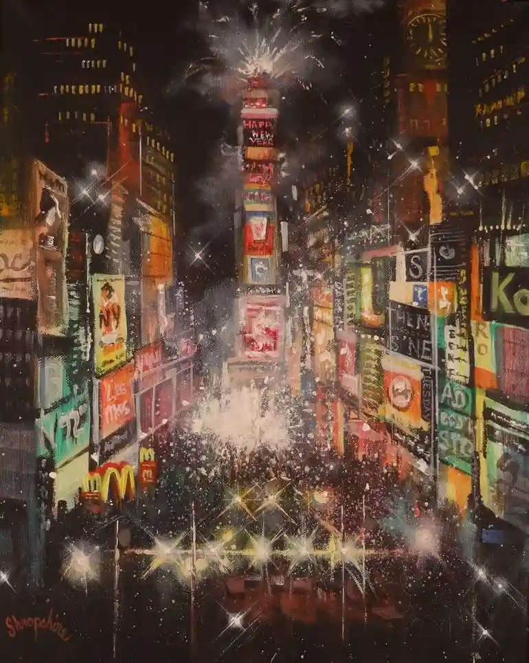 A vibrant, painterly depiction of Times Square at night, filled with glowing billboards, bright lights, and falling…