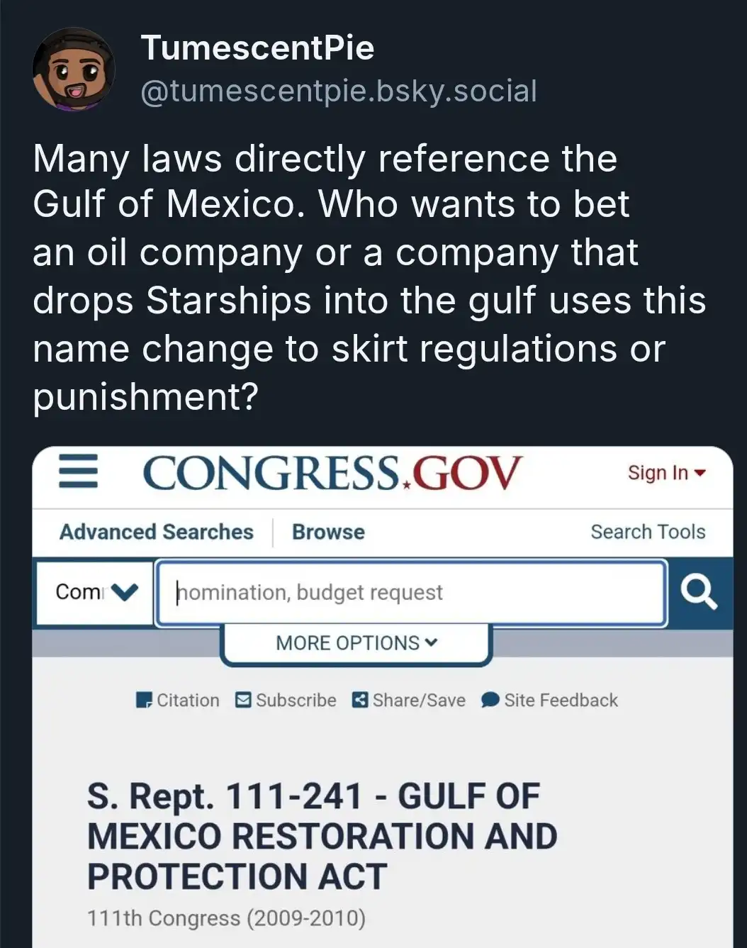 A screenshot of the congress.gov website shows a search for 'nomination, budget request' yielding 'S. Rept. 111-241 - GULF…