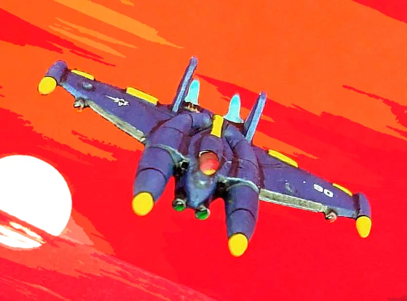 A purple toy fighter jet with yellow tips and blue fins flies against a stylized red-orange sky with a white sun. The jet…