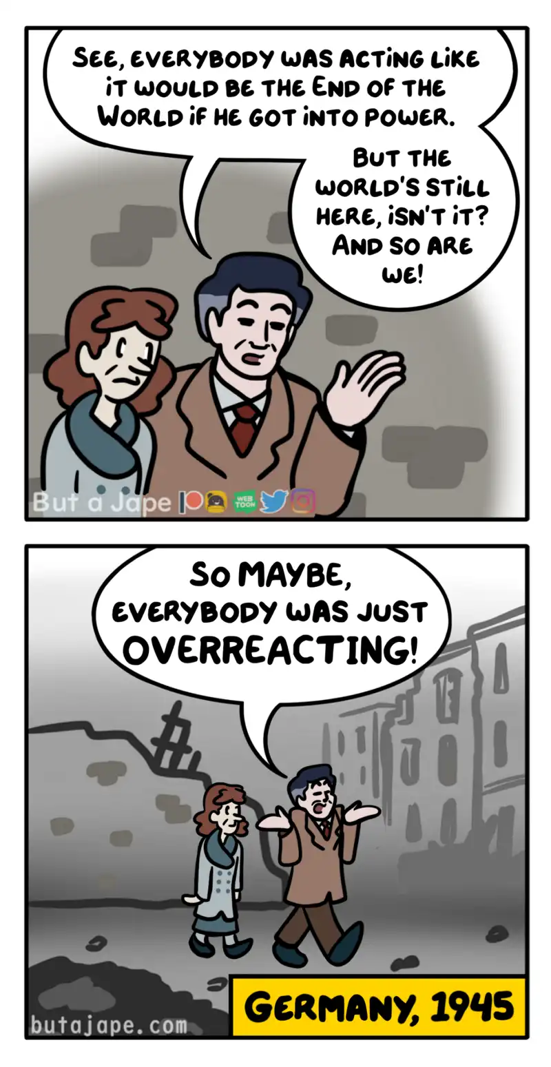 A two-panel comic strip shows a man and woman walking through a war-torn, rubble-strewn city. In the first panel, the man…