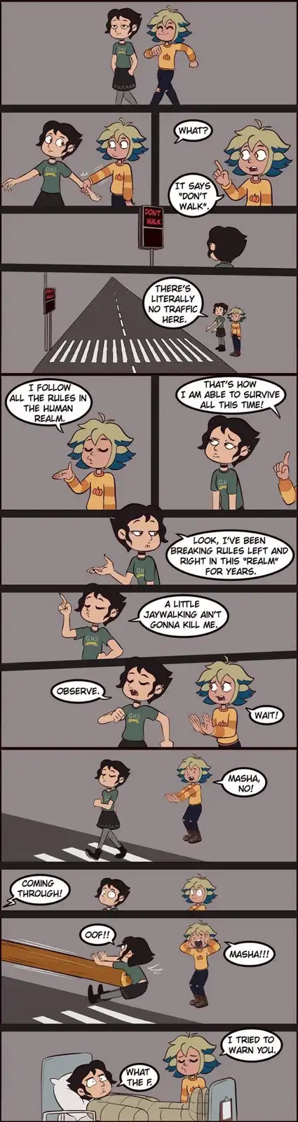 A comic strip featuring two animated characters, one with black hair and another with blue-tipped blonde hair, discussing…