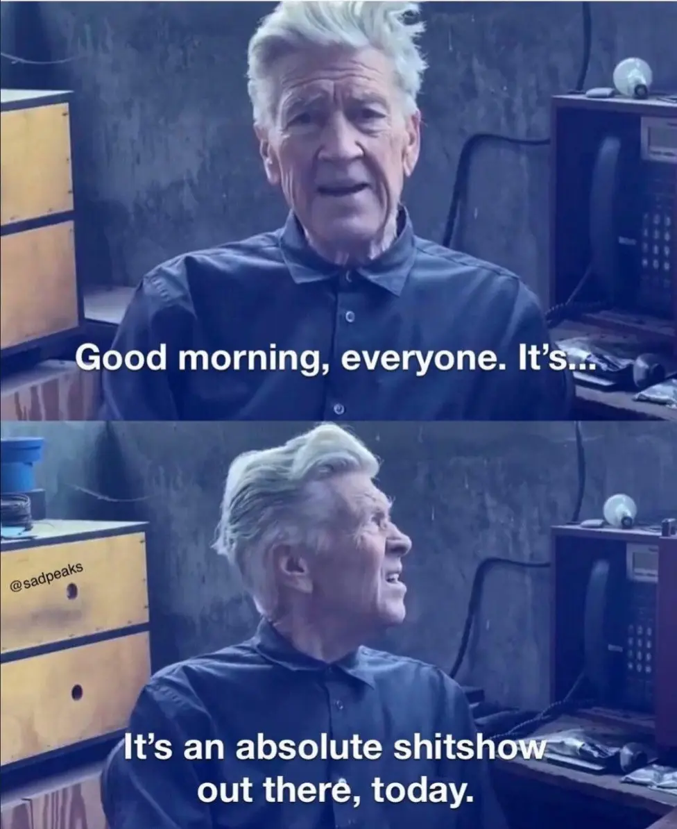 A two-panel meme featuring an older man with white hair in a dark shirt, first looking forward and then turning his head to…