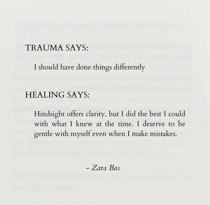 The image displays a text-based quote attributed to Zara Bas, contrasting 'TRAUMA SAYS' with 'HEALING SAYS'. Trauma is…