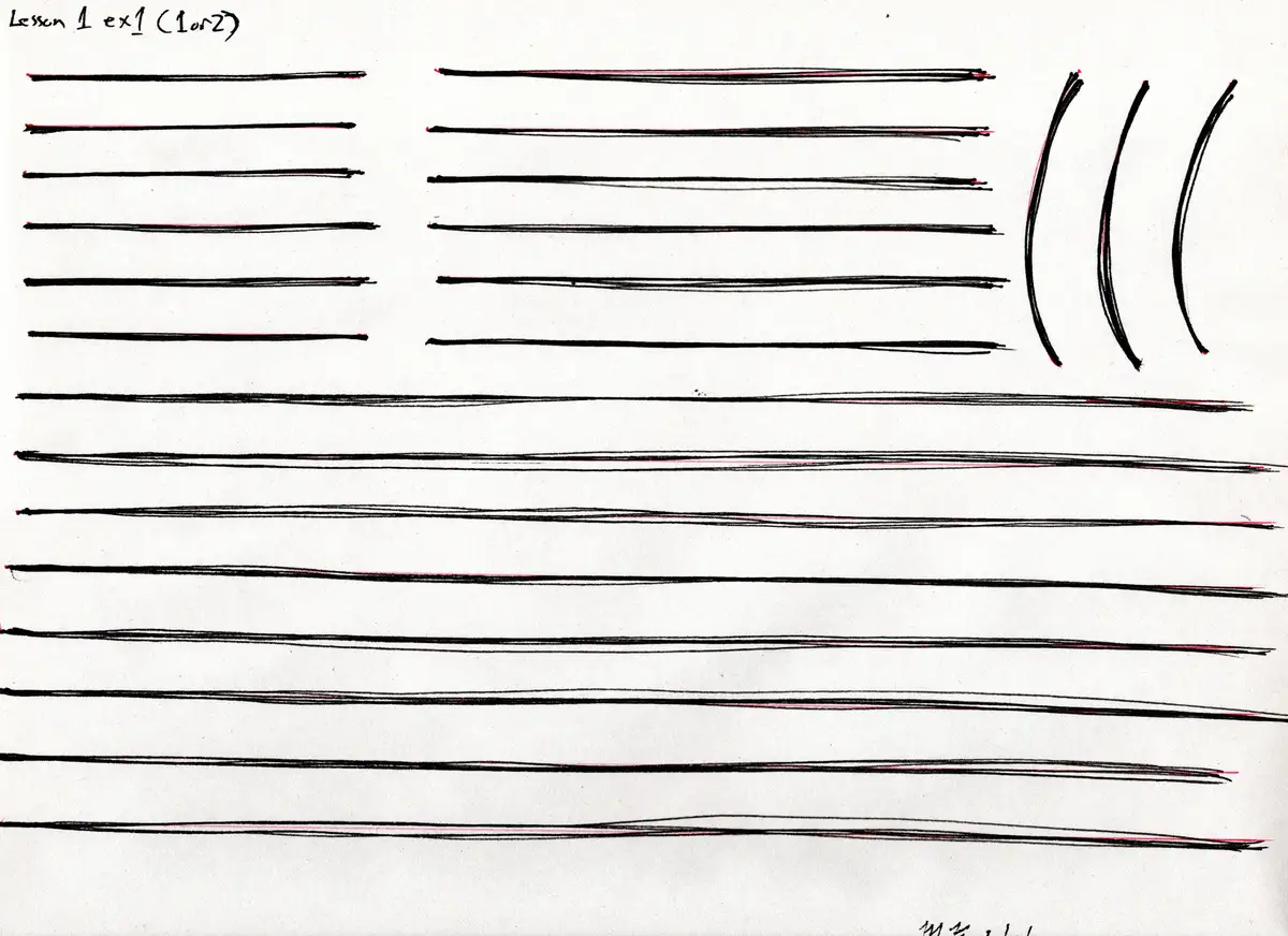 A hand-drawn image on white paper shows multiple sets of horizontal black lines, some straight and some slightly curved…