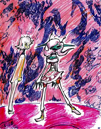 A hand-drawn, stylized illustration features two anime-style characters against a chaotic pink and blue background. The…