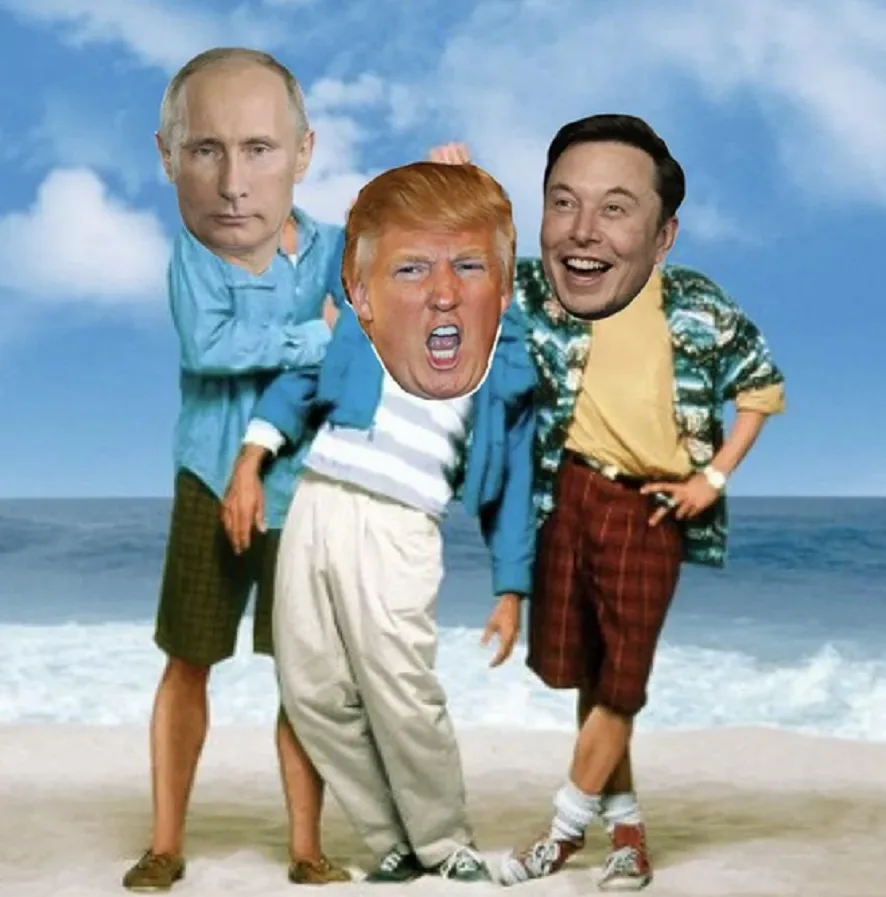 three men stand on a beach with a blue sky and ocean behind them. Their heads have been replaced with cutouts of Vladimir…