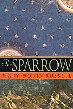 The image shows the cover of the novel 'The Sparrow' by Mary Doria Russell. The cover features a dark blue sky filled with…