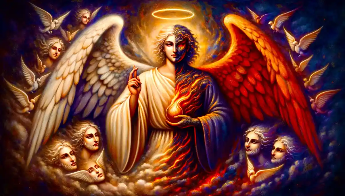 A divine figure with a split face and wings—one side white and angelic, the other side fiery red and demonic—holds a glowing…
