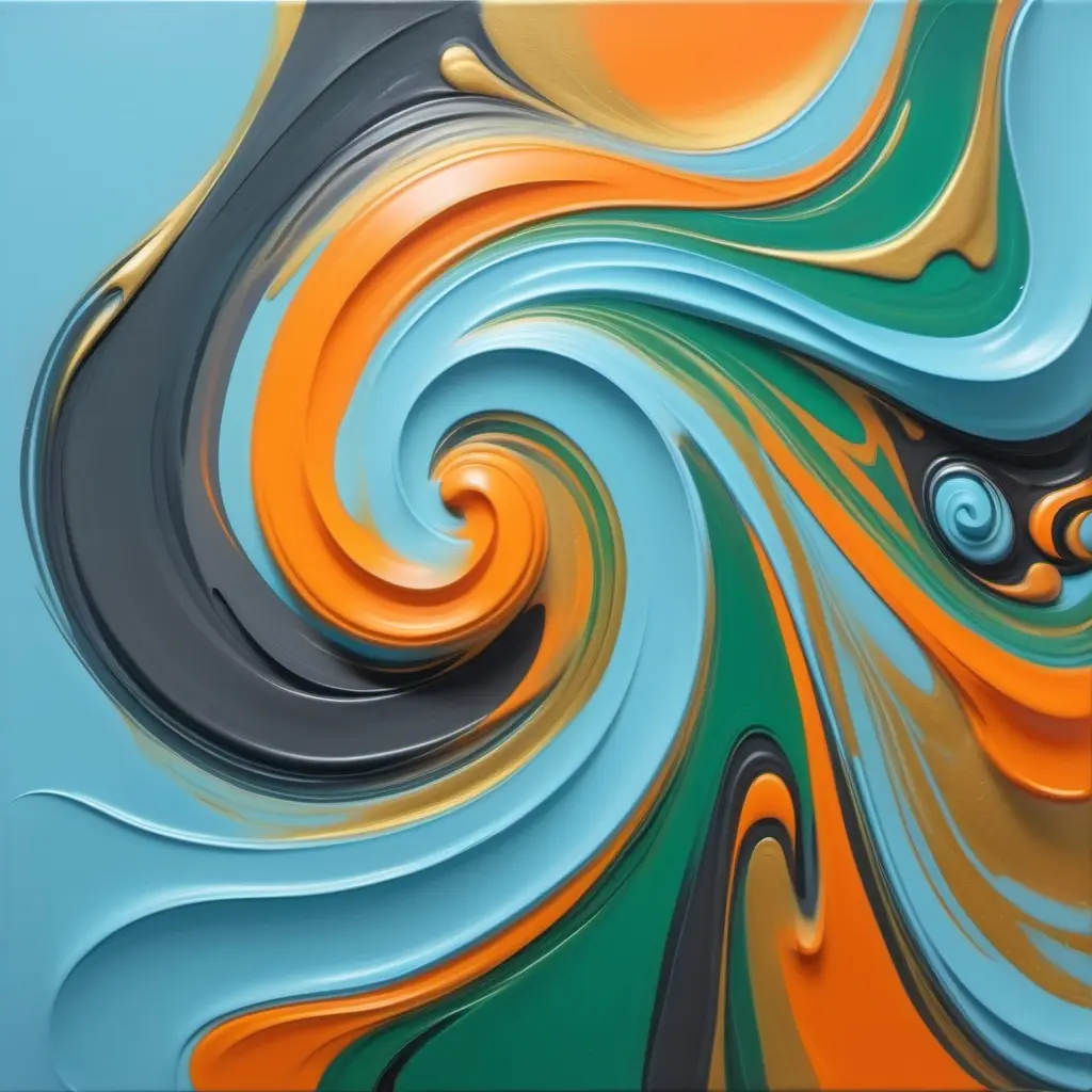 The image is a vibrant abstract painting featuring swirling, glossy ribbons of color including orange, teal, light blue…
