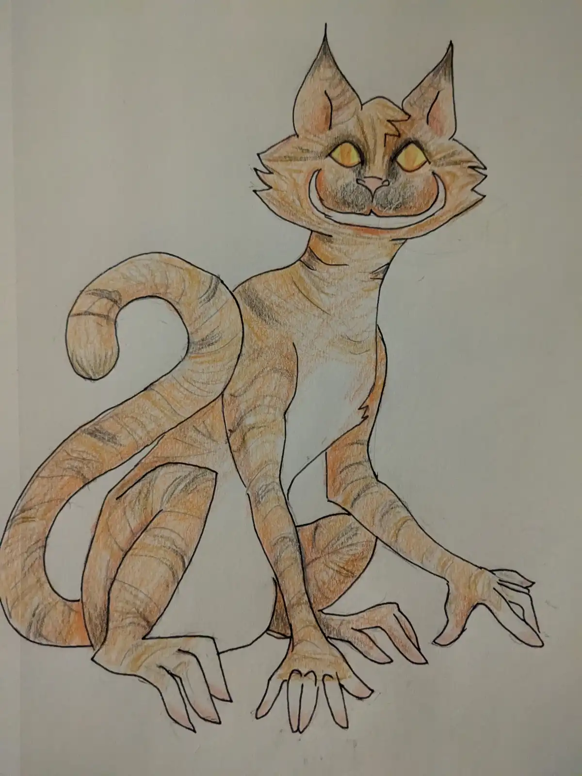 A hand-drawn, orange tabby cat with a wide, toothy grin and glowing yellow eyes sits upright on its hind legs, its long…