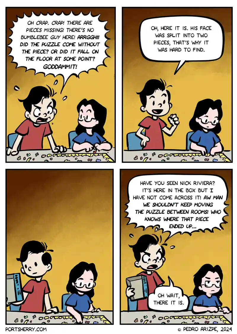 A four-panel comic strip shows two people assembling a jigsaw puzzle. In the first panel, the boy panics because a piece is…