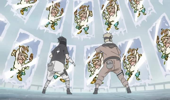 Two anime characters, one in black and one in beige, stand back-to-back facing multiple translucent, glowing copies of a…