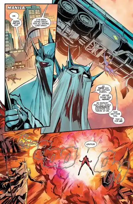 A comic book panel shows a giant blue statue-like figure, Lord Ennui, confronting Captain Marvel in Manila. Captain Marvel…