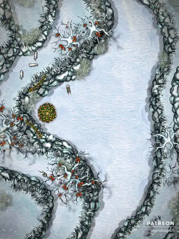 An overhead view of a snowy, icy landscape with decorative elements like a large, lit Christmas tree, a sleigh, and trees…