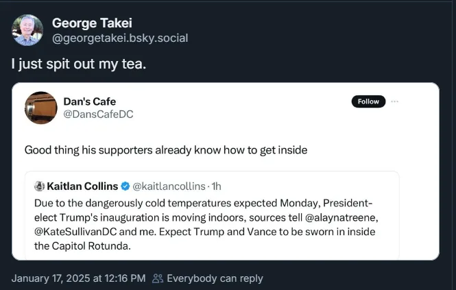 A screenshot of a social media thread shows a user named George Takei reacting to a tweet from 'Dan's Cafe' that reads 'Good…