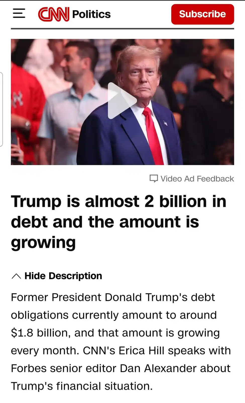 A screenshot of a CNN Politics video ad featuring former President Donald Trump looking serious, overlaid with the text…